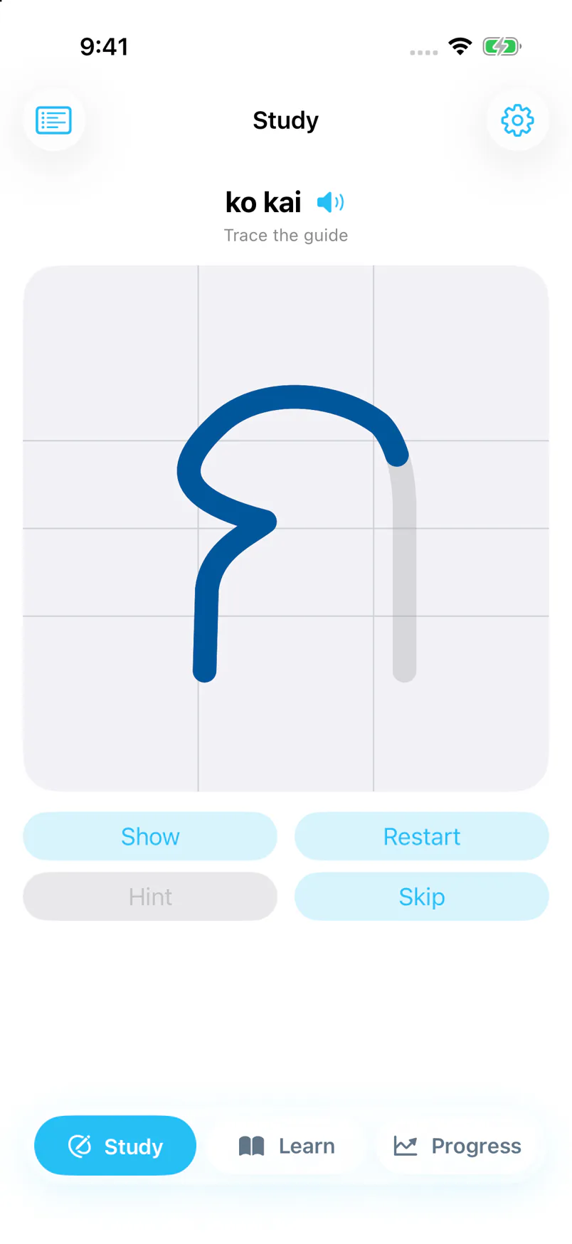 NexaThai iPhone app showing the Thai character writing practice screen